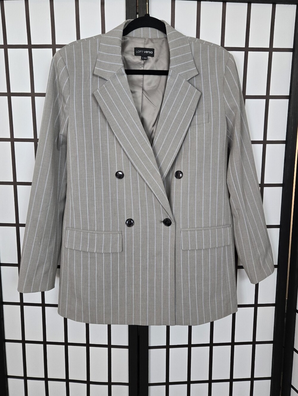 Loft Versa Womens Light Gray Pinstripe Double-Breasted Blazer